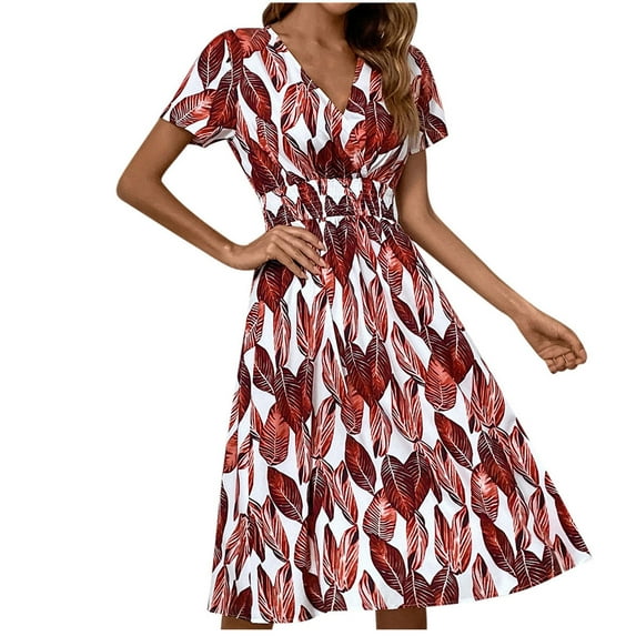 Bigersell Women's Floral Boho Dress Casual Short Sleeve Wrap V Neck 2023 Summer Swing Midi Dresses Pleated A-Line Loose Beach Sundress Cocktail Party Dress, Wine S