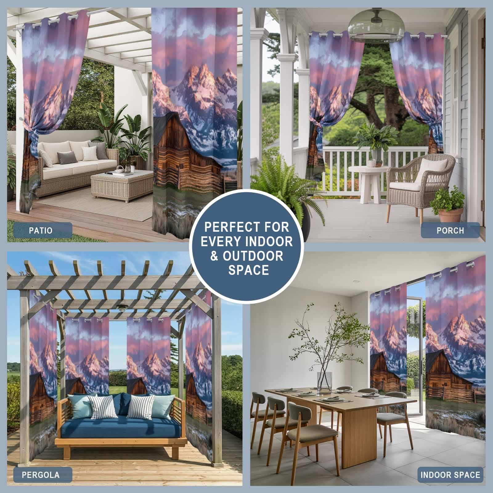 Mountain Landscape Outdoor Curtains for Patio, Rustic Barn Grasslands Farmhouse Sunshade Privacy Drapes Grommet Waterproof Outside Curtains for Porch/Cabana/Balcony 54"x 108", 1 Panel