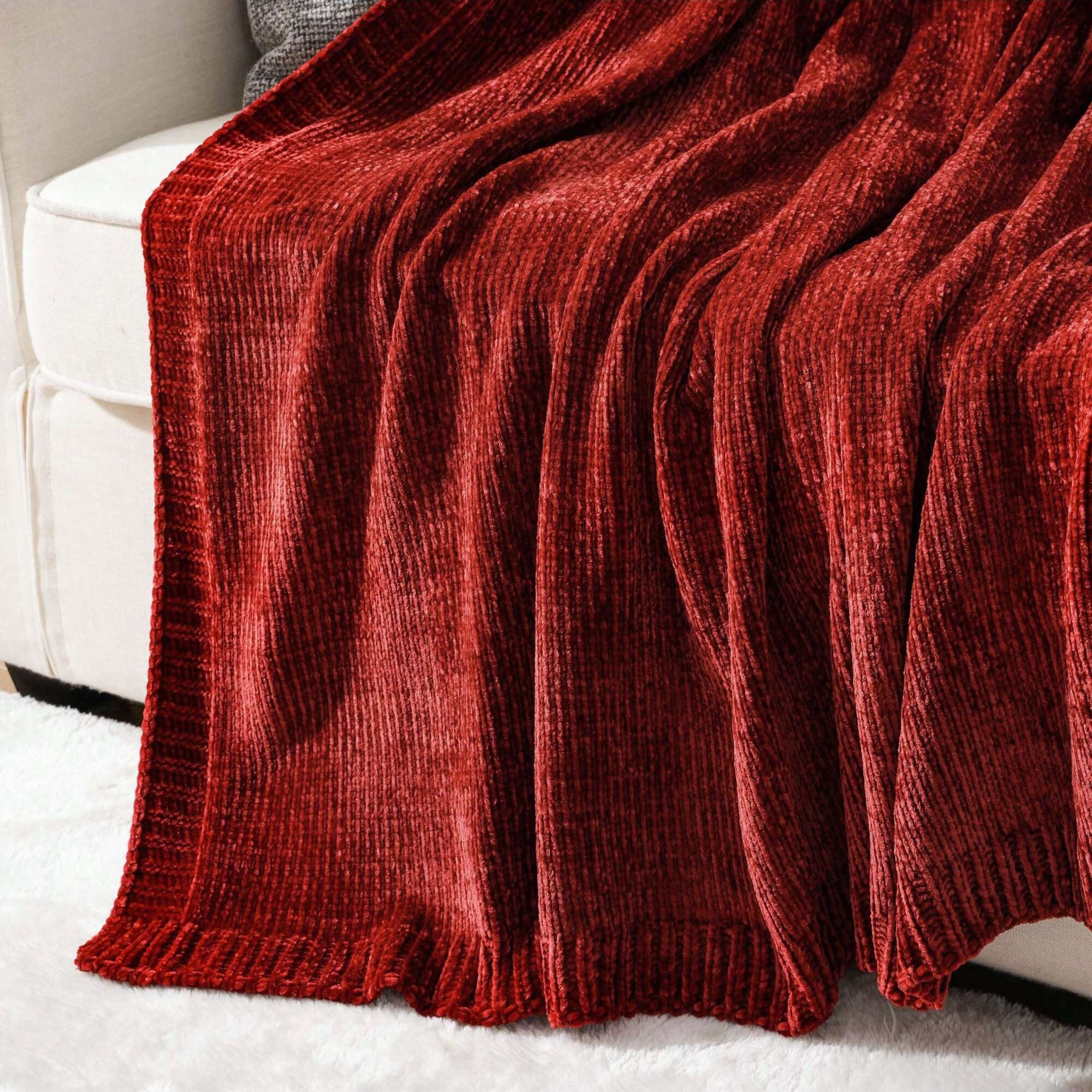 Battilo Burgundy Throw,Chenille Knit Dark Red Blanket,Christmas Decor,Housewarming Gifts,51"x67"