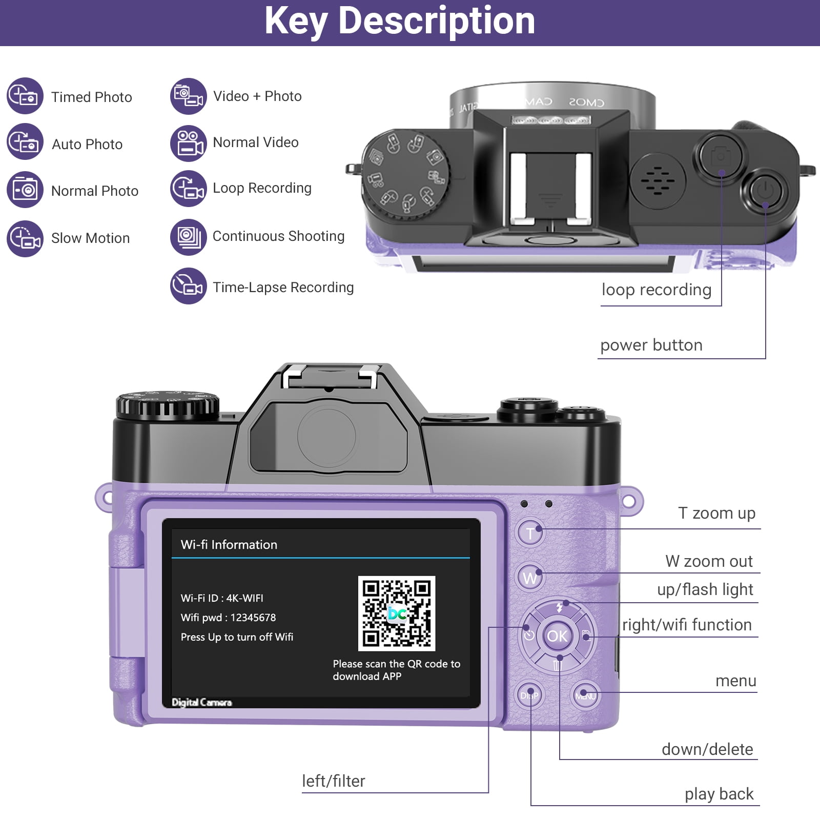 Saneen Digital Camera 6K 64MP Wifi Vlogging Cameras for YouTube 3''180° Flip Screen 16X Zoom 32GB SD Card 52mm Lens Purple
