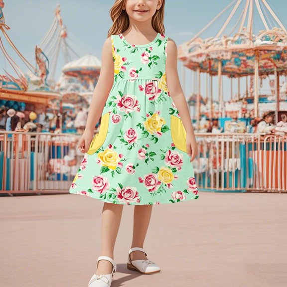 HOMADLES Teen Girls Dress Crewneck Loose Stretch Sleeveless Soft Lightweight Pocket Casual Dress B Yellow 7 T