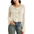 thumbnail image 3 of Women's Fall Crewneck Cropped Sweater Trendy Long Sleeve Camellia Decoration Knit Pullover Jumper Tops White S, 3 of 10