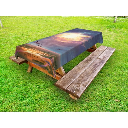 

Fantasy Outdoor Tablecloth Golden Sun Beams Break through Storm Clouds Skyline Flying Gulls Nature Imagery Decorative Washable Fabric Picnic Table Cloth 58 X 84 Inches Blue Orange by Ambesonne