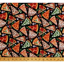 Cotton Pizza Slices Pizza Toppings Food Kitchen Picnic Favorite Foods Black Cotton Fabric Print by the Yard (670BLACK)