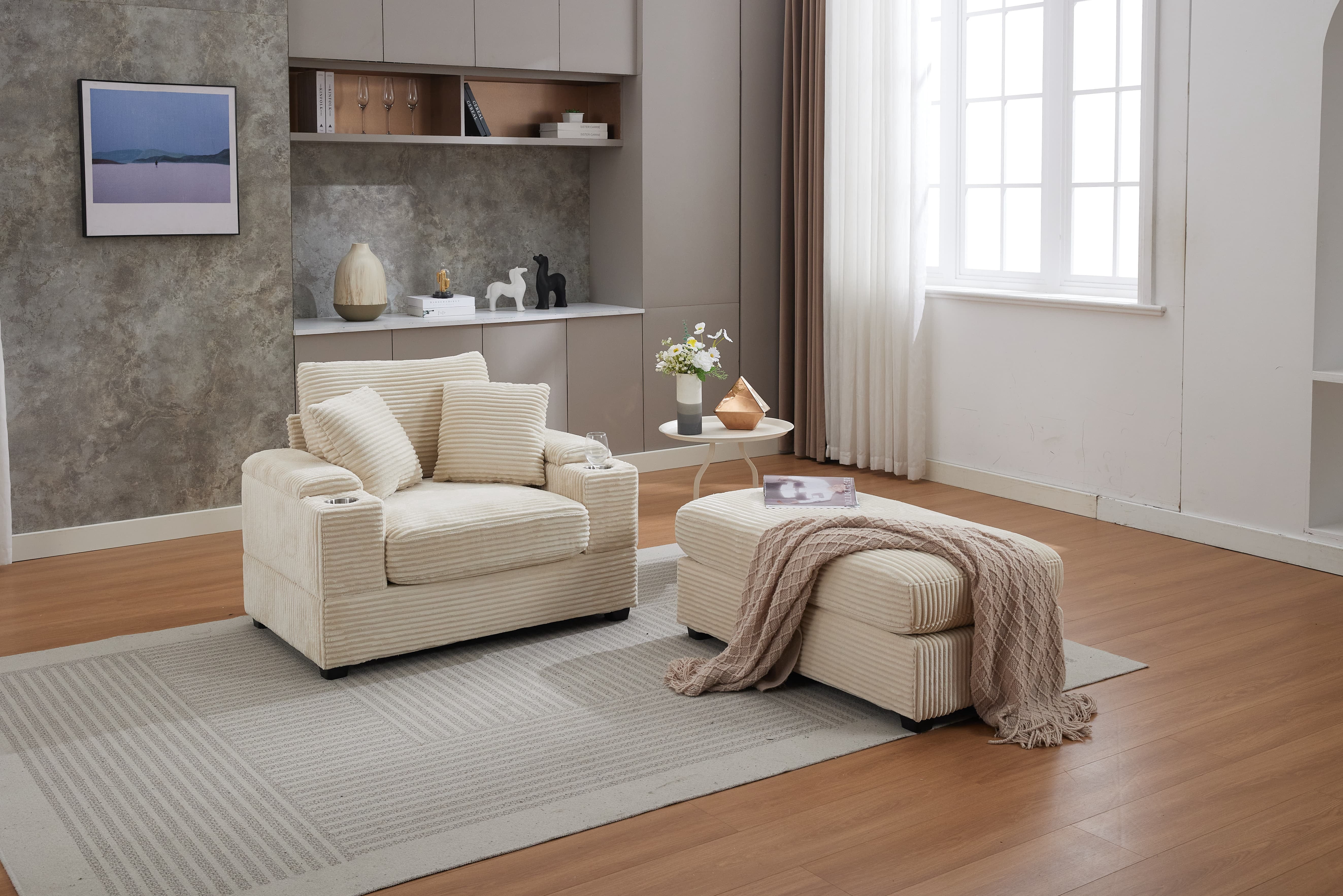 Chaise Lounge Chair Indoor Furniture, Corduroy Upholstered Chaise Lounge Sofa, Deep Seat Sofa with Handrail storage and Cupholders, Movable ottoman, Detachable Cushions for Living Room Bedroom,Beige
