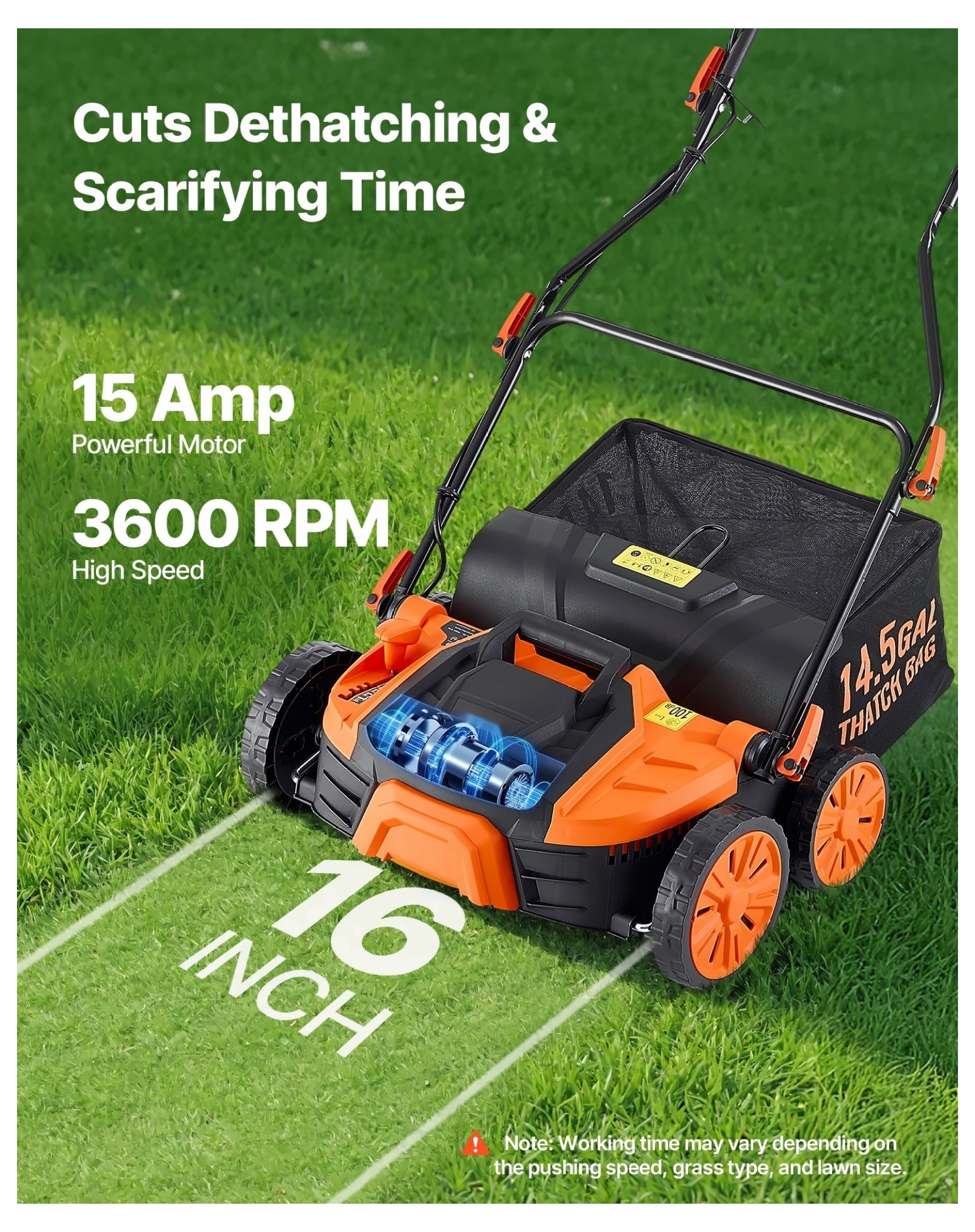 Electric Dethatcher Scarifier, 16-Inch 15 Amp Corded Lawn Tool with Thatch Bag