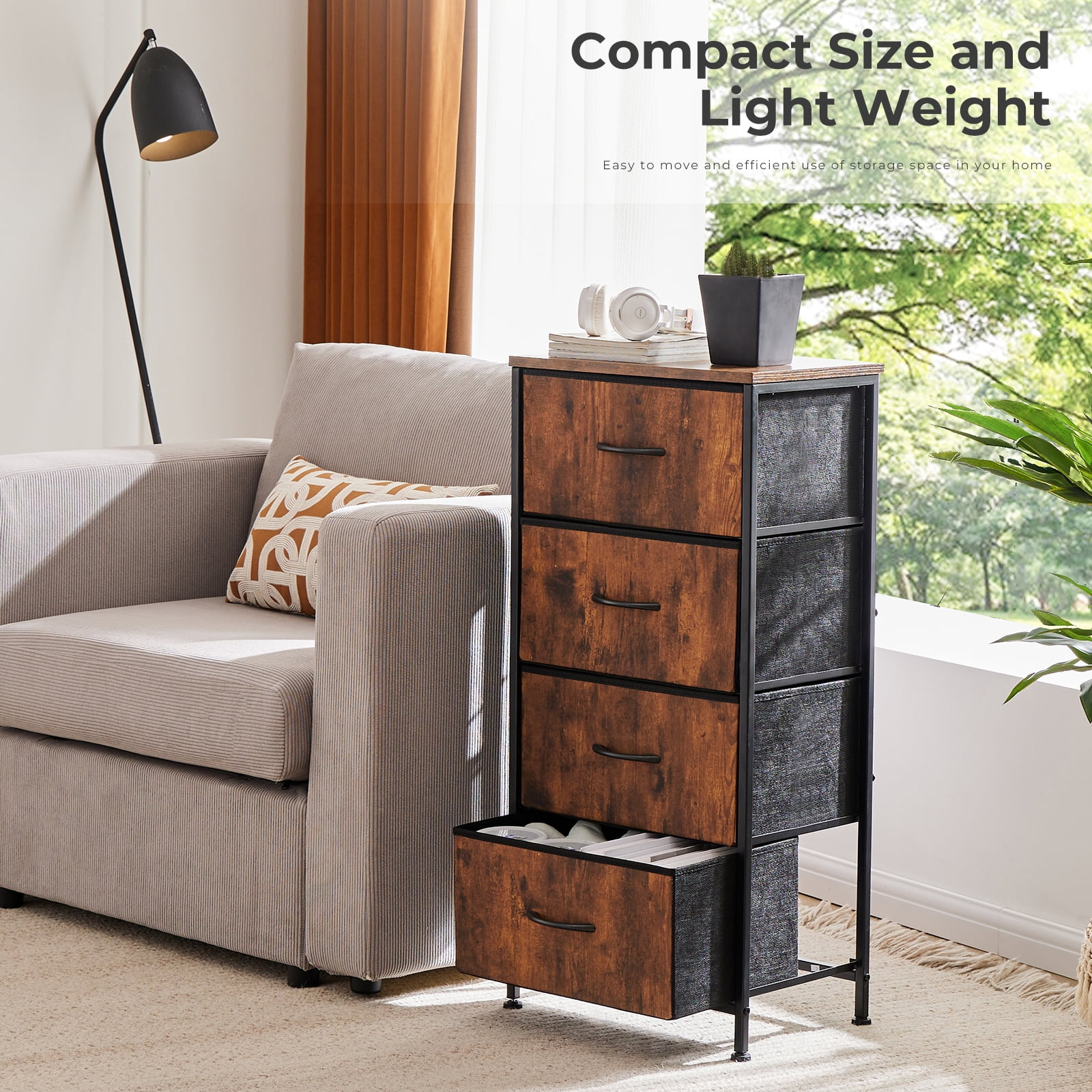 Aidoly Dresser, 4 Storage Drawers, Anti-Tip Fabric Closet Chests Organizer Tower Furniture with Wooden Top, Metal Frame, Rust