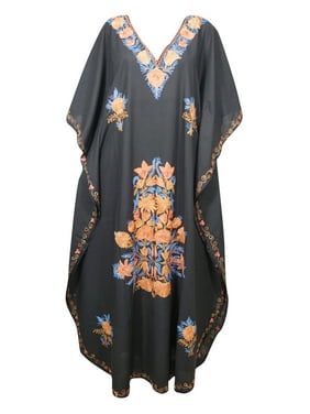 Mogul Women's Black Floral Embroidered Maxi Caftan Kimono Resortwear Evening Long Dress