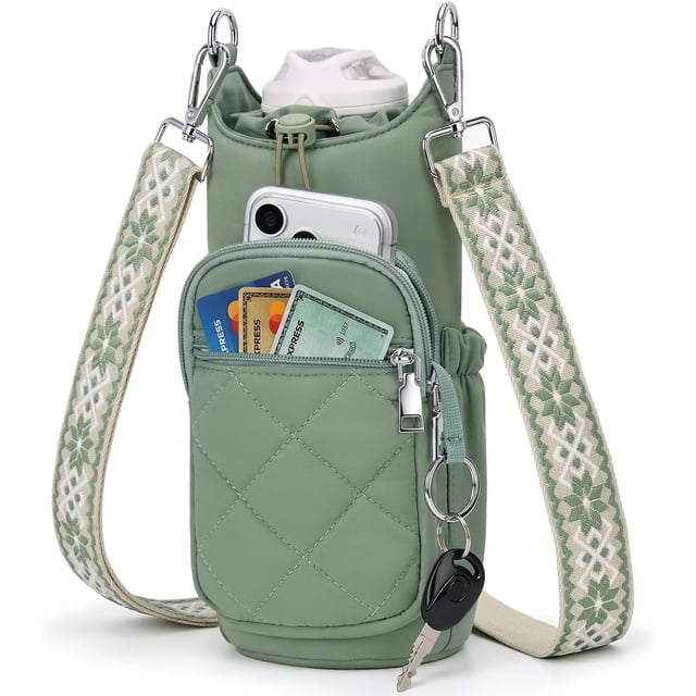 Crossbody Water Bottle Bag for Women, Lightweight Insulated Water Bottle Carrier with Phone Pocket, Secure &Hands-Free for Walking, Travel, Outdoor (Up to 40oz) Antique Green