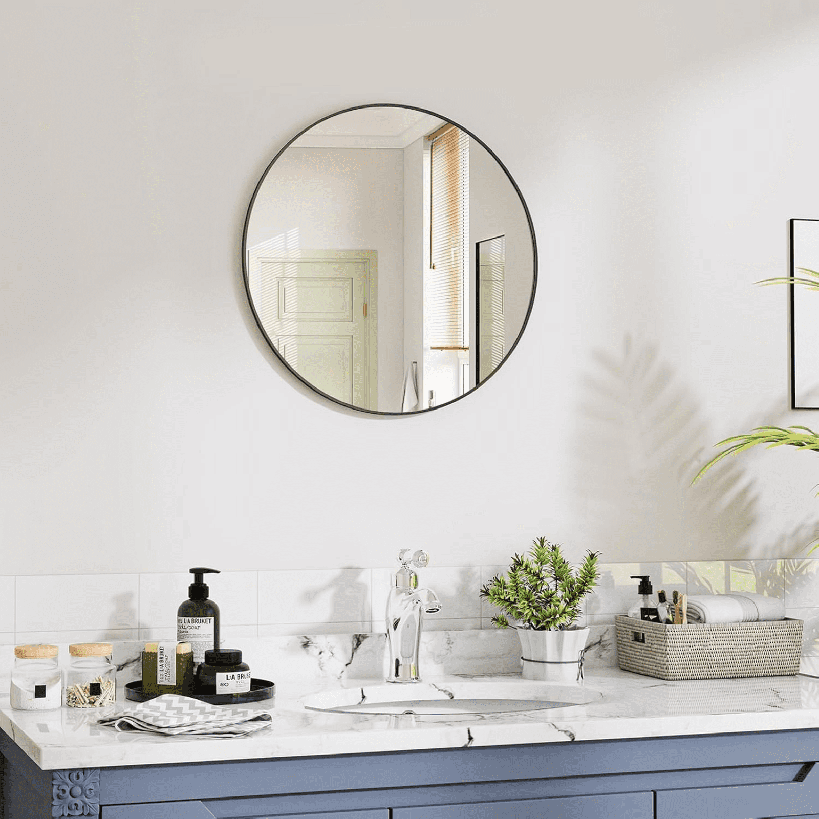 AUROMIR 20" Round Wall Mirror Bathroom Vanity Mirror Aluminum Alloy Frame,Black