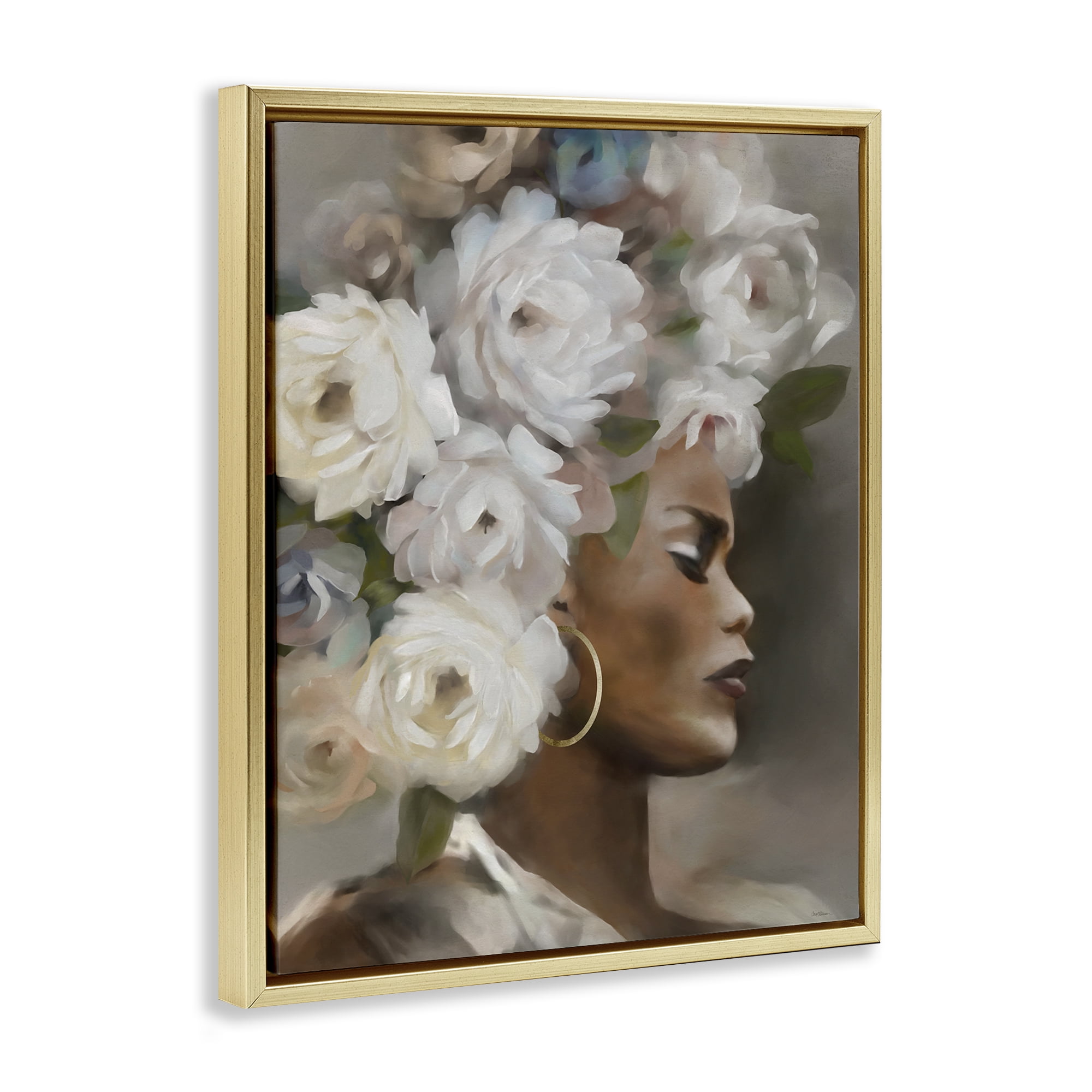 Stupell Industries Woman with Floral Headdress Plants & Flowers Painting Gold Floater Framed Canvas Art Print Wall Art, 25 x 31