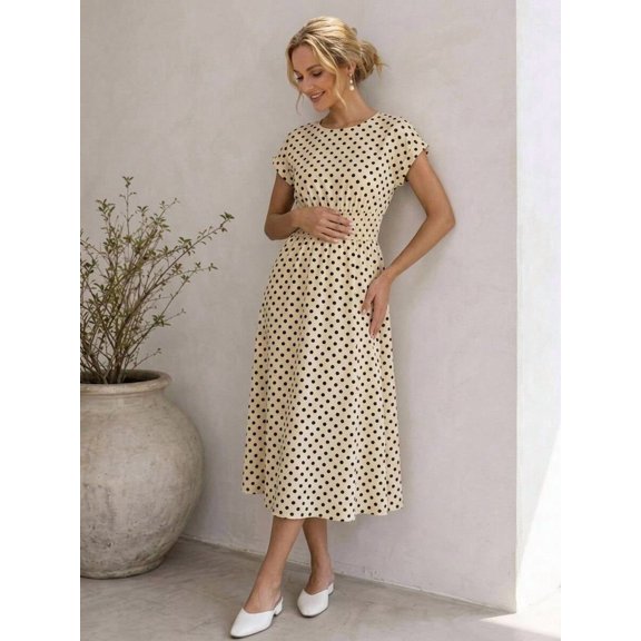 Womens Multicolor Polka Dot Ruched Waist Short Sleeve A-Line Vacation Dress