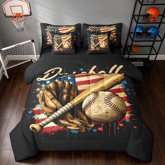 Manfei Baseball Twin Bedding, Sport Gamer Bedding Comforter Set, Red Blue Black, Black Reversible 7-Piece