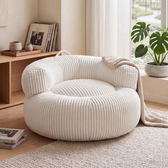 44.1βRounded Backrest shaped Bean Bag Chair, Oversized Comfy Bean Bag Sofa with Back Support, Faux Fur Accent Chair for Adults and Kids,Lounge Lazy Sofa for Living Room, Bedroom, Apartment, White