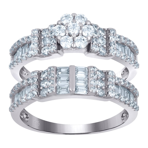 925 Sterling Silver Womens Baguette Cubic Zirconia Flower Duo Ring Set 5.4x6mm Wide Size 6 Ring for Women