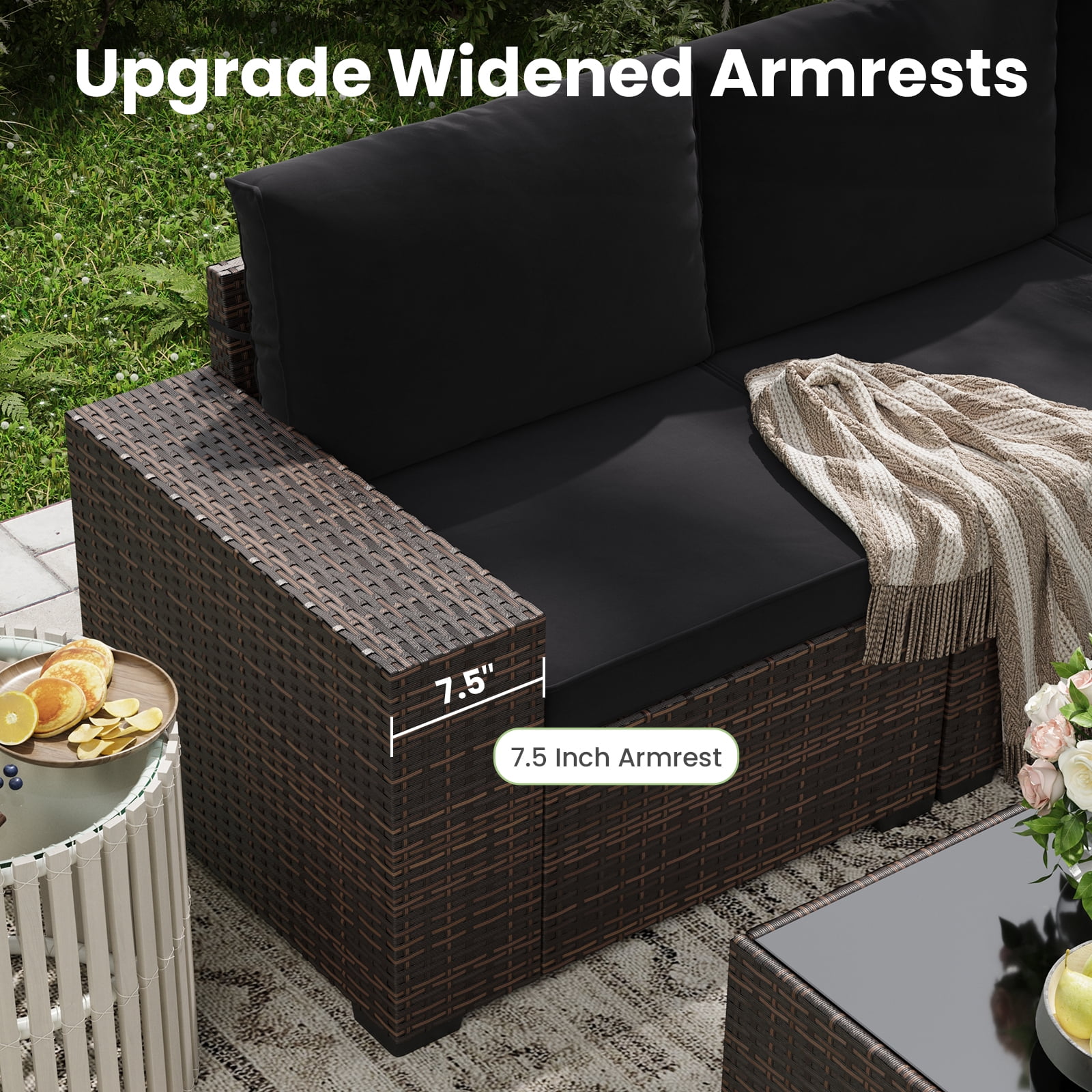 STARY 7 Pieces Outdoor Conversation Set With Fire Pit Table, Wide Armrests Outdoor Modular Wicker Furniture Set, Black