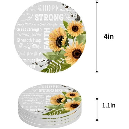 

KXMDXA Compassion Strength Courage Warm Hugs Healing Thoughts Positive Energy Sunflowers Set of 4 Round Coaster Drinks Absorbent Ceramic Stone Coasters Cup Mat Cork Base Coffee Table Bar Decor