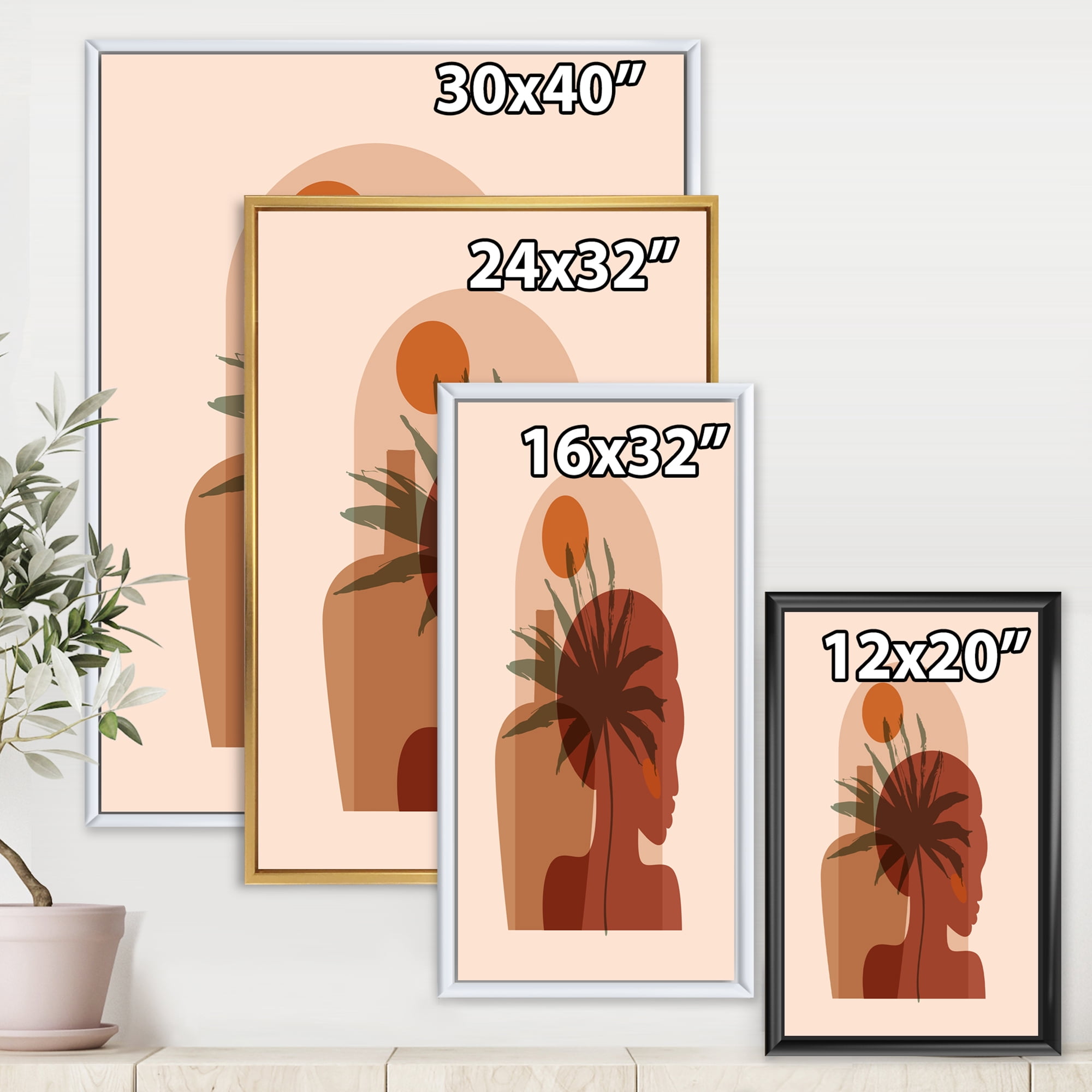Designart 'Abstract Pretty Girl Portrait and Tropical Palm Leaf' Modern Framed Canvas Wall Art Print