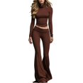 thumbnail image 2 of Idoravan sets for women clothing two piece casual Women Solid Color High Neck Long Sleeves Low-rises Bells-bottoms Suit, 2 of 7