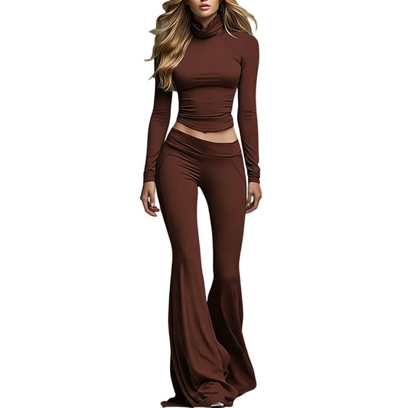 Floleo Women Fold Over High Neck Long Sleeve Cropped Top & Low Waist Flared Bell Bottom Pants Two Piece Matching Set For Daily Sports Street Dating Casual Outfits (Coffee,S)