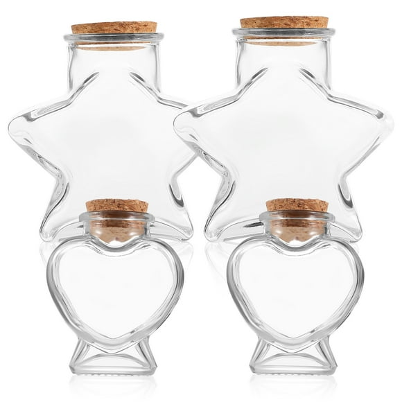 4 Pcs Small Glass Jars with Cork Lids Heart and Star Shaped Candy Jars Clear Storage Container Jars Wishing Bottles Drift Bottles Cookie Jars Craft Jars