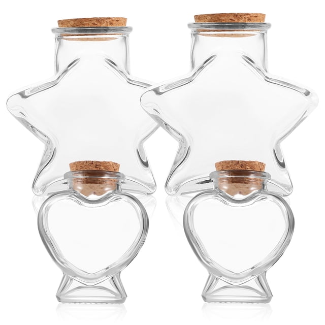4 Pcs Small Glass Jars with Cork Lids Heart and Star Shaped Candy Jars Clear Storage Container Jars Wishing Bottles Drift Bottles Cookie Jars Craft Jars