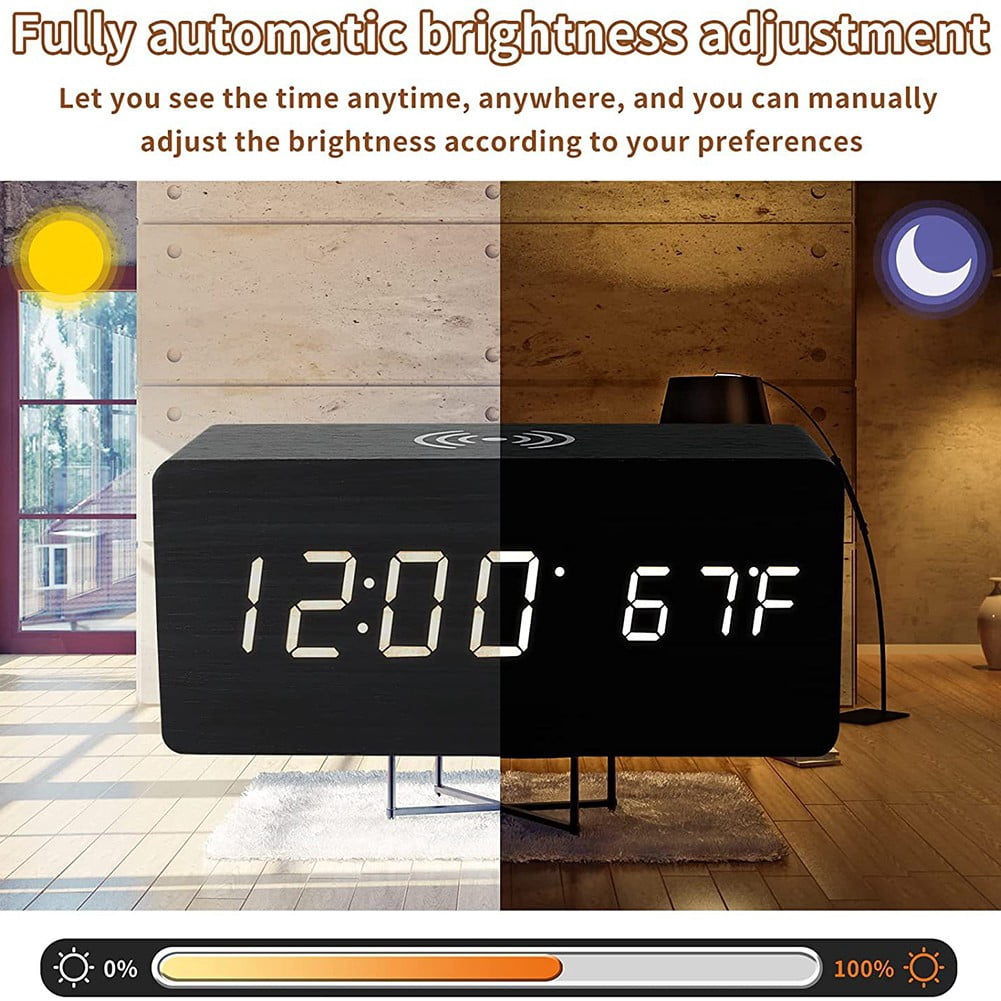 Wooden Digital Alarm Clock with Wireless Charging, Dimmable, Adjustable Volume, 3 Alarms, Weekday/Weekend Mode, Snooze, Digital Clock for Bedroom, Bedside, Office