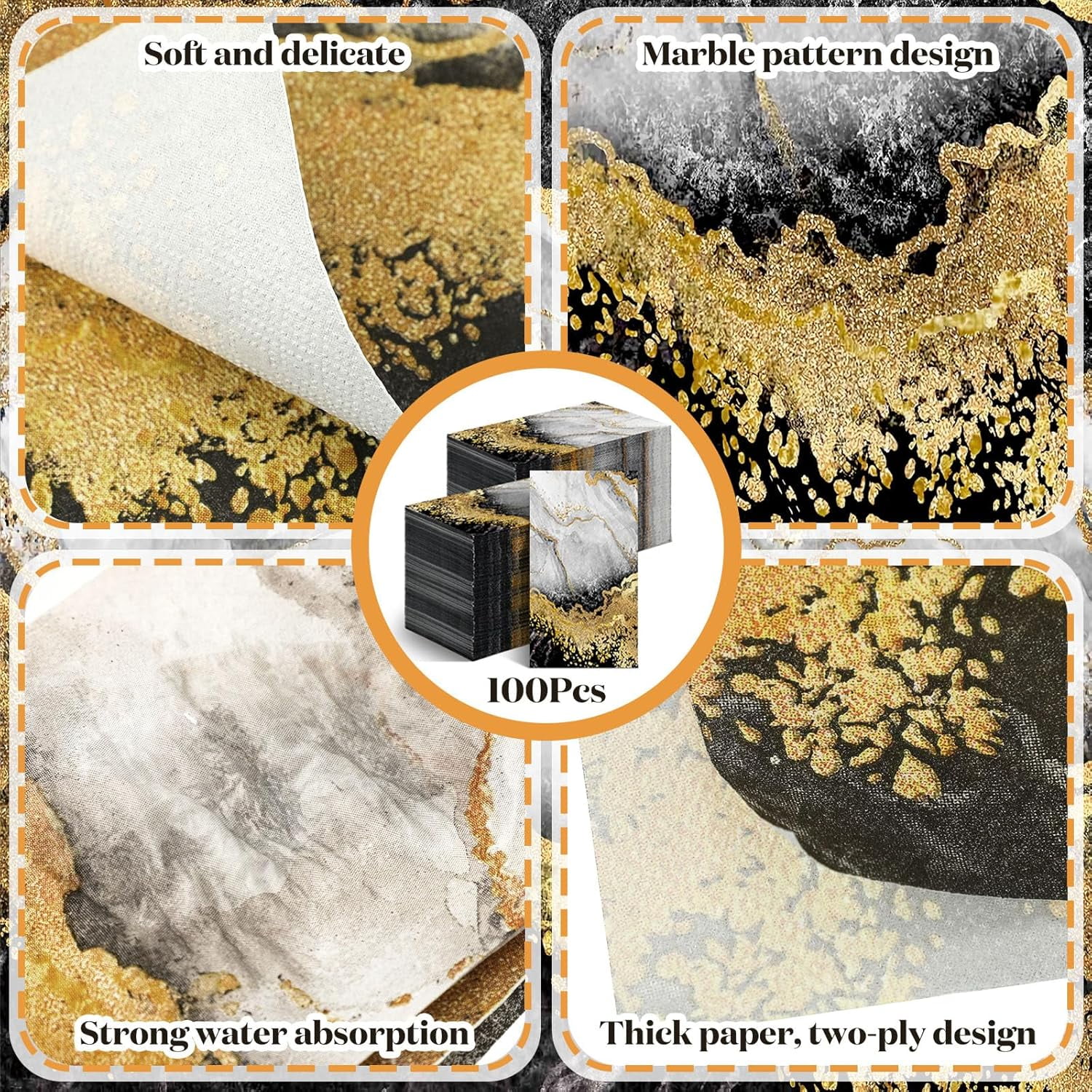 100 Pcs Marble Guest Napkins 2 Ply Disposable Guest Bathroom Paper Napkins Black Gold Marbleized Hand Towels for Home Bathroom Kitchen Table Decor (Black Gold)