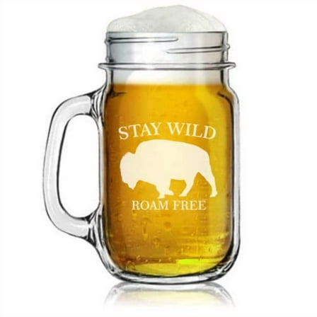 16oz Mason Jar Glass Mug w/Handle Buffalo Stay Wild Roam Free