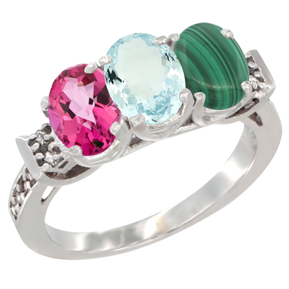 14K White Gold Natural Pink Topaz, Aquamarine & Malachite Ring 3-Stone 7x5 mm Oval Diamond Accent, sizes 5 10 by WorldJewels