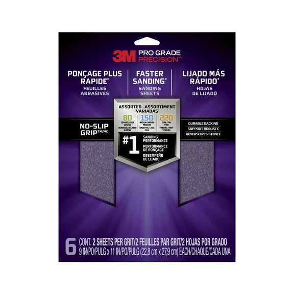 3M Pro Grade Precision Sandpaper, No-Slip Grip Backing, 9 in x 11 in, Assorted Grit, 6 Sheets