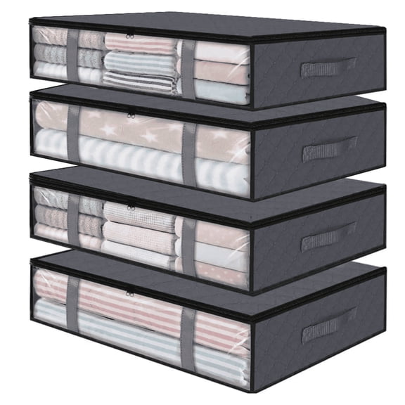 LAFAYTTE Under Bed Storage Containers, 42L Visible Underbed Storage for Blanket, Pillows, 4pcs Large Bins with Reinforced Handles Foldable Containers