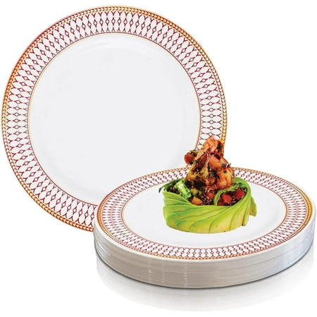 

Disposable White with Red & Gold Chord Rim Plastic Dinner Plates 7.5 Salad Dishes Dinnerware Bulk Order 120 pcs for Wedding Birthday & All Occasions (7.5 Salad Plates