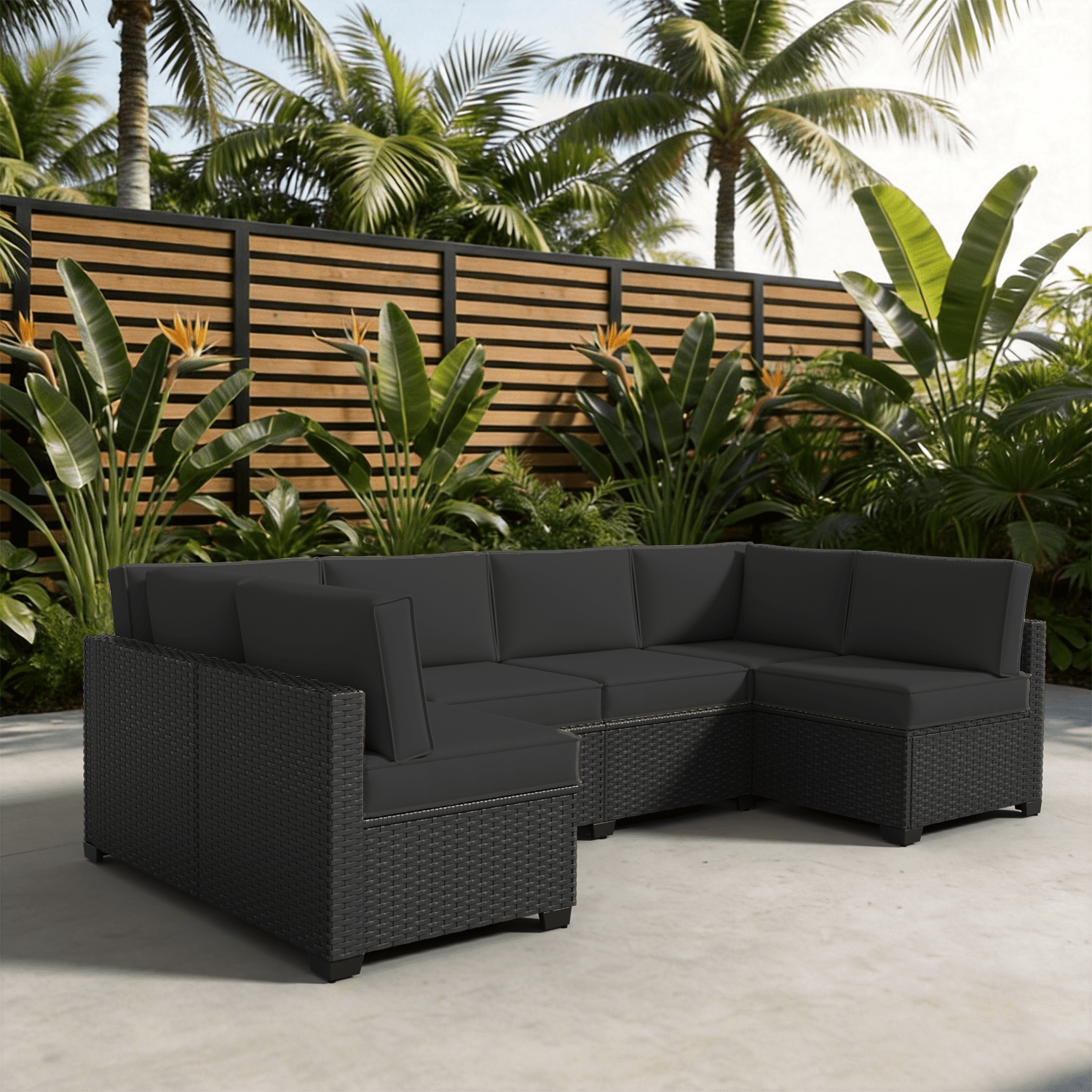 BaPiPro 6-Person Black Outdoor Sectional Sofa Cushions, Waterproof Polyester Patio Cushions with High-Density Sponge & Side Pillows, No Assembly for Backyard, Porch, Deck & Poolside