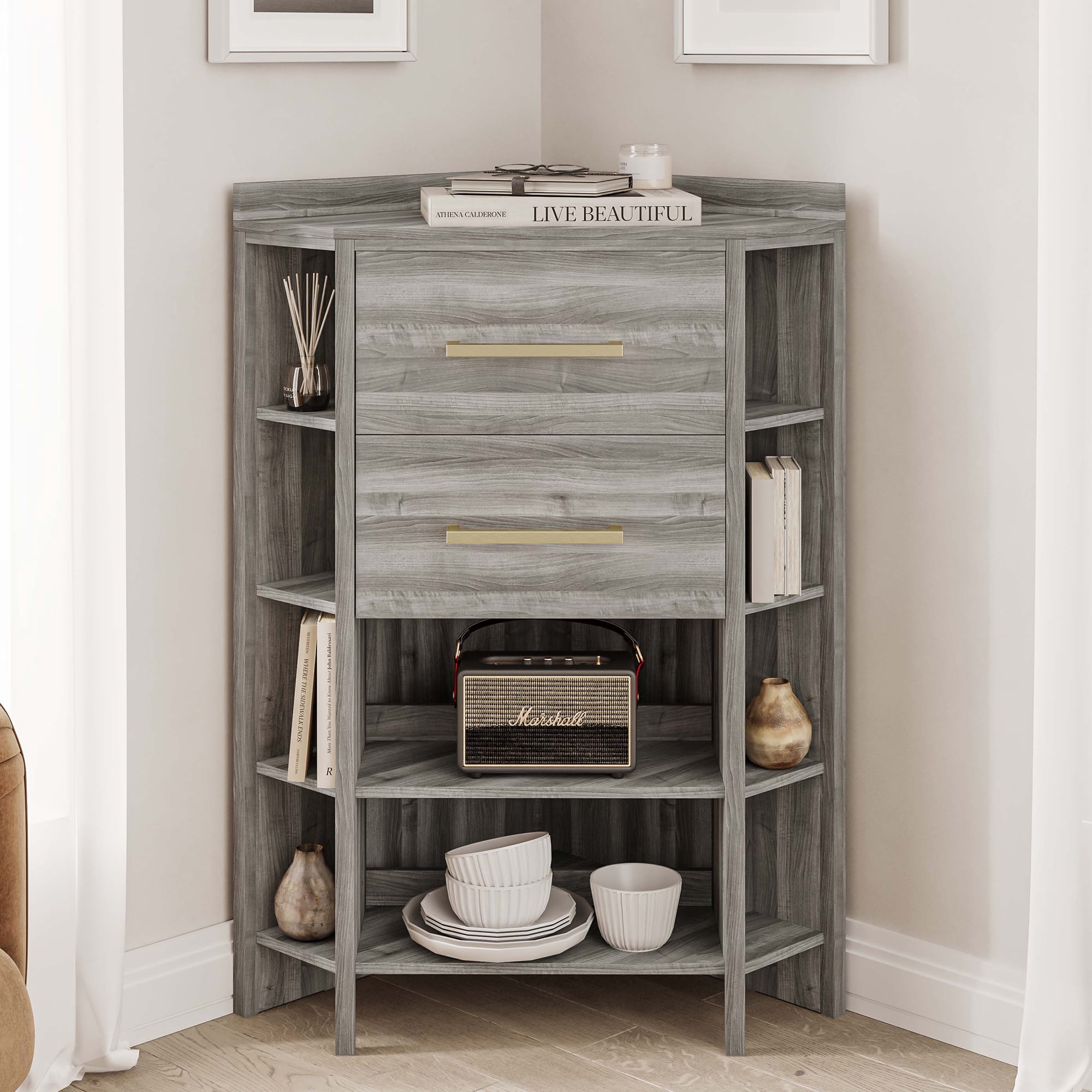 BELLEZE Corner Cabinet with Power Strip, Corner Table with 2 Storage Drawers and 10 Shelves, Store and Organize Home Furniture for Small Space - Sonoma (Gray)