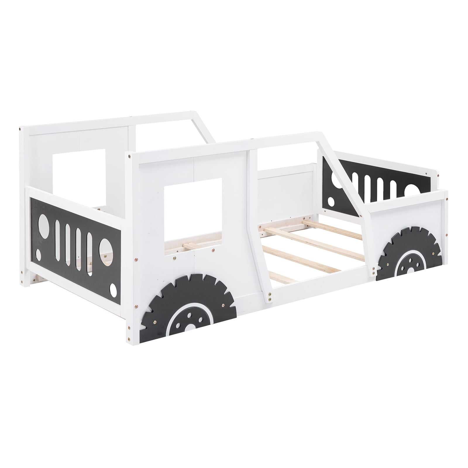 YANSHE Twin Size Bed Frame Car-Shaped, Floor Bed Frame With Wheels And Doors, Wooden Construction, Car Bed Frame, Slats Supports, No Box Spring Needed