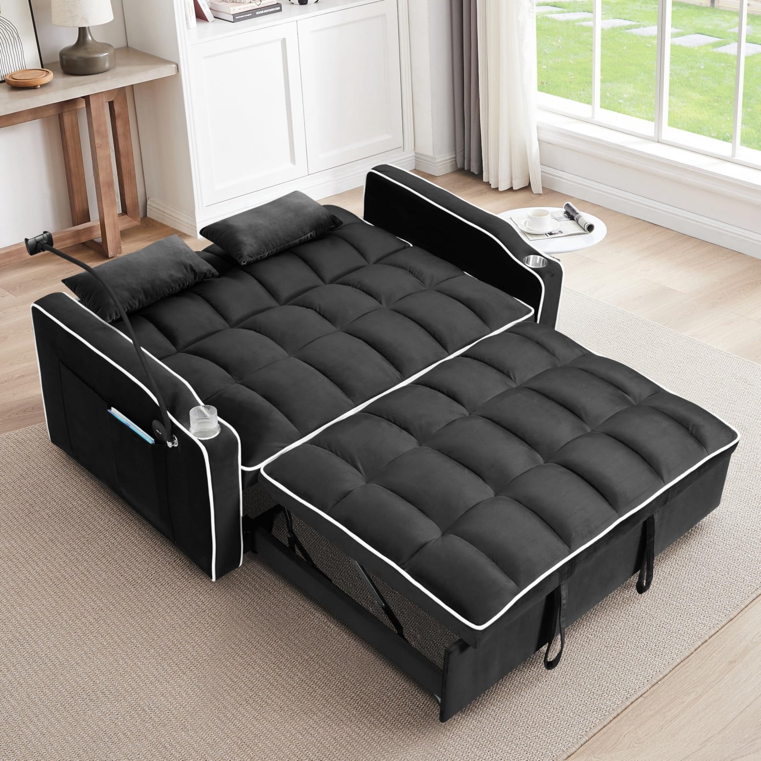 55" 3 in 1 Convertible Sofa Bed with Phone Holder, Loveseat Couch with Pull Out Bed, Space-Saving Apartment Sofa, Black