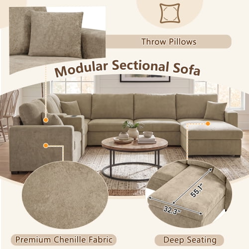 134" U-Shape Modular Sectional Sofa, 5-Seat Couch with Chaise Lounge, Deep Seat, Built-In Cup Holders, Storage Drawer and Pillows, Brown