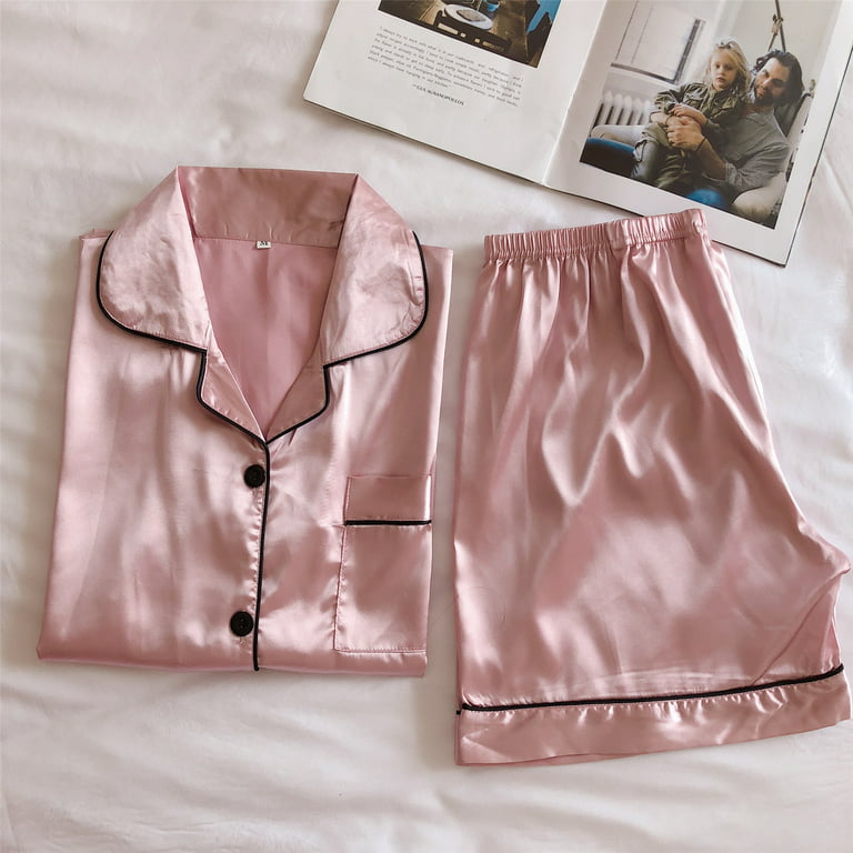 WHLBF Women's Summer Pajama Silk Satin Pajamas Set Two-Piece Sleepwear  Loungewear Button-Down Sets Pink 10(L)