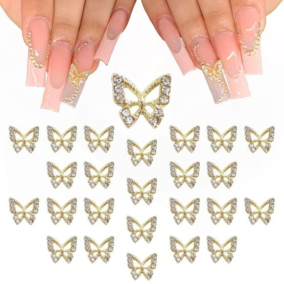 qiipii 24pcs Golden Butterfly Nail Charms Bulk 3D Charms for Acrylic Nails, Gold Butterflies Nail Rhinestones Charms Nail Alloy Studs Art Jewels Diamonds Gems Decor Supplies for Nails Face Makeup DIY
