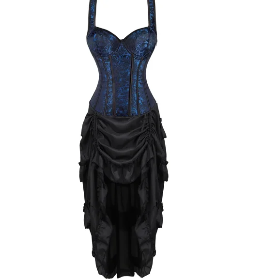 Corset Strap Top Skirt 2 Pieces Set Plus Size Bustier Outfit Lingerie Lace up Gothic Basques Medieval Women Blue S