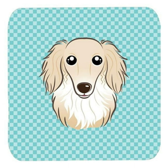 3.5 x 3.5 In. Checkerboard Blue Longhair Creme Dachshund Foam Coasters, Set Of 4