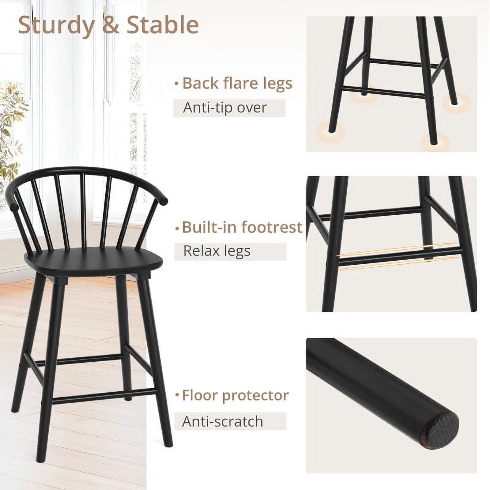 Dycanpo 24'' Wooden Bar Stools Set of 3,Counter Height Bar Stools with Backrest for Kitchen Island,Black