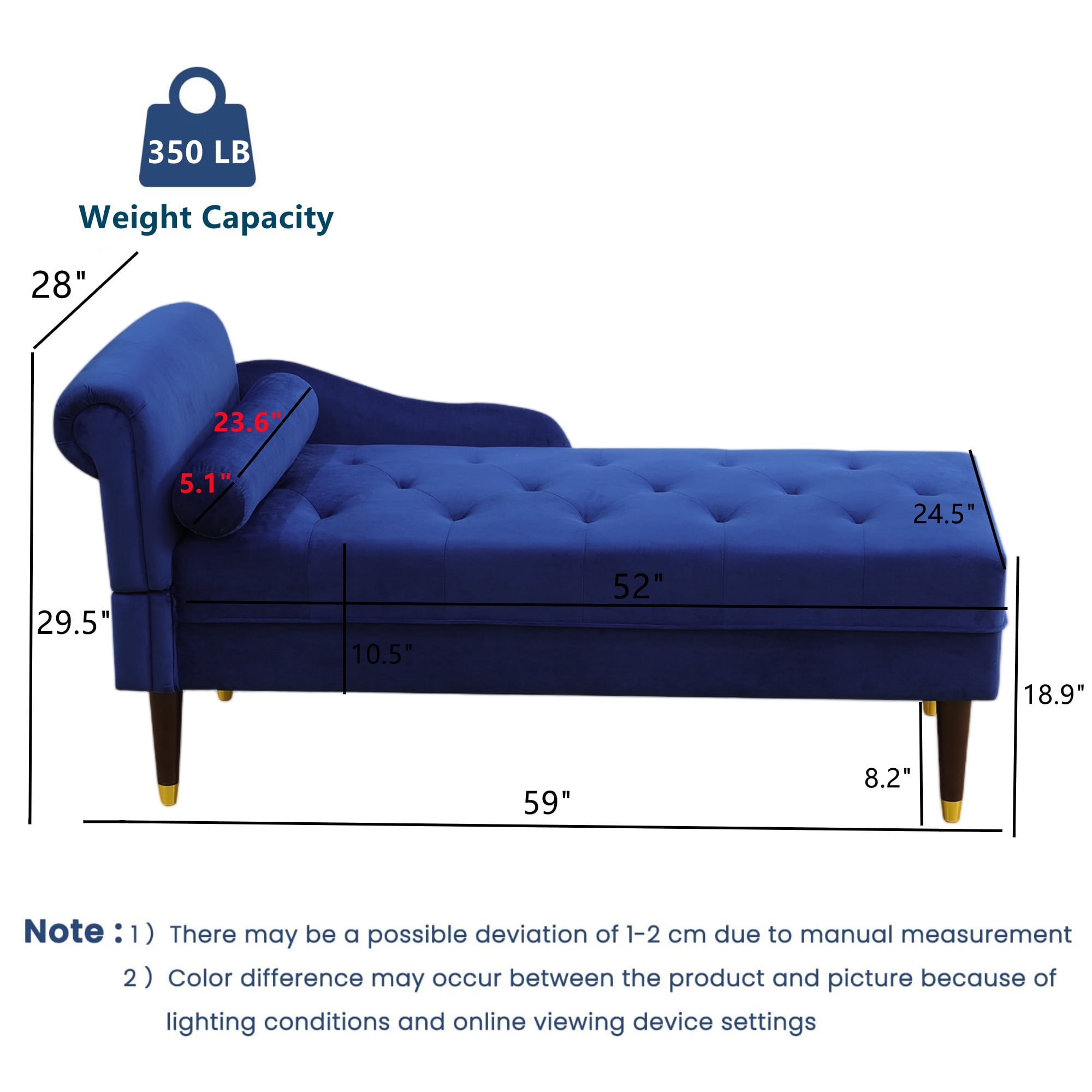 Aukfa 59" Velvet Chaise Lounge Indoor Upholstered Tufted Sofa w/ Pillow for Living Room Bedroom, Blue