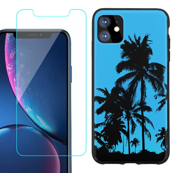 For Apple iPhone 11 Phone Case , Slim-Fit TPU Protective Case (Black), with Tempered Glass Screen Protector, by OneToughShield ® - Tropical Summer