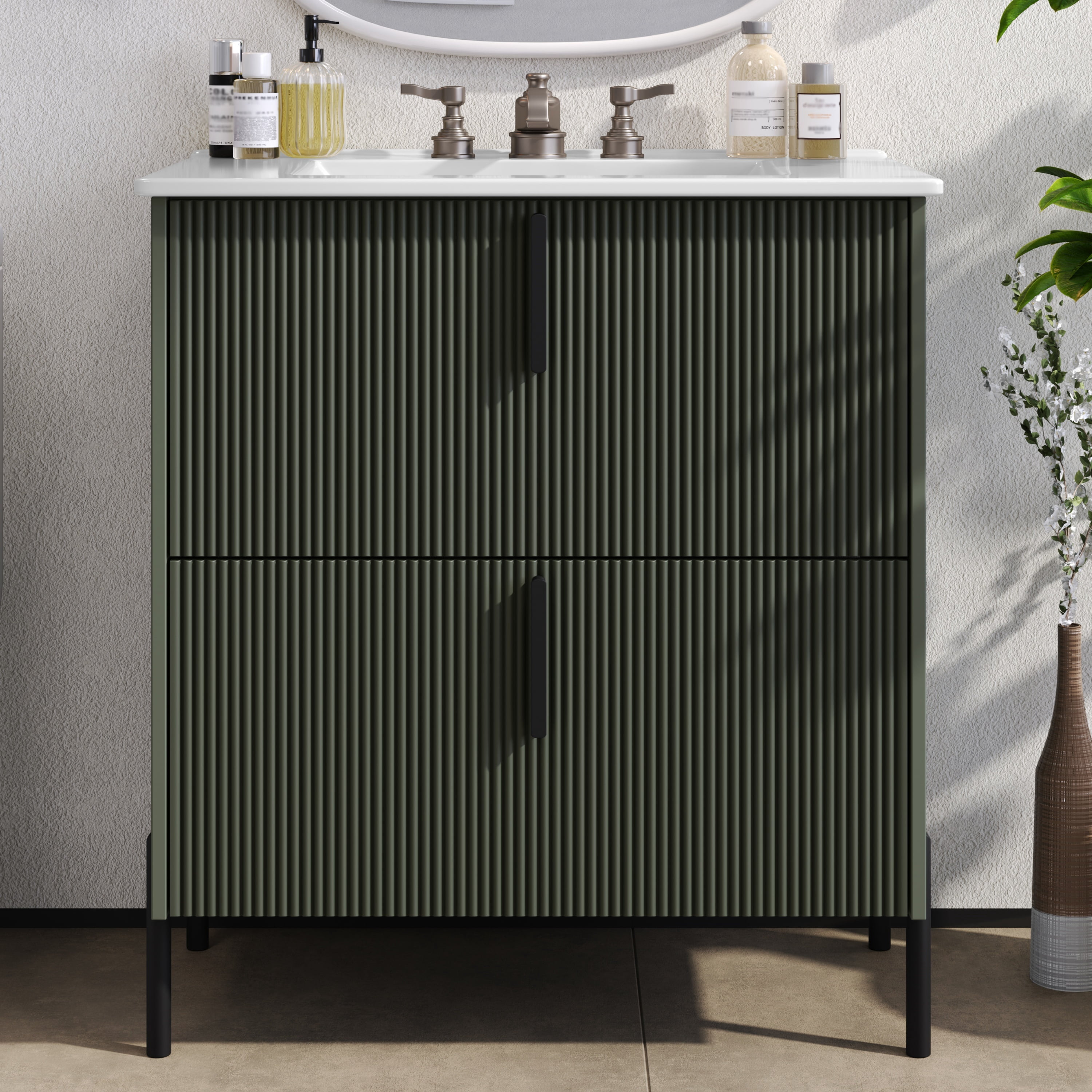 Euroco 30" Bathroom Vanity with Ceramic Sink and Full-Extension Drawers, Soft Close Undermount Drawer Slides, Fluted Design, Green