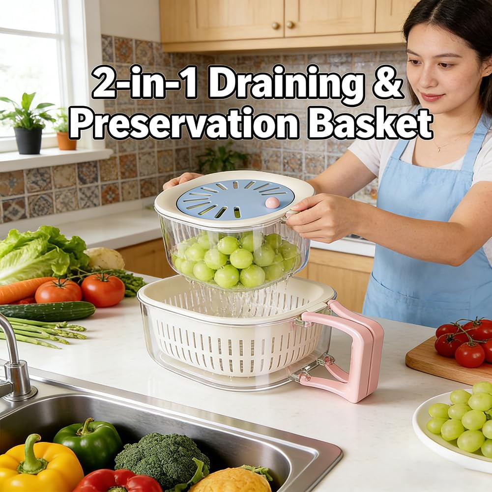 Fruit Storage Containers for Fridge with Colander, 2-in-1 Fruit Washing Bowl with Handle, Stackable Produce Saver for Kitchen Counter