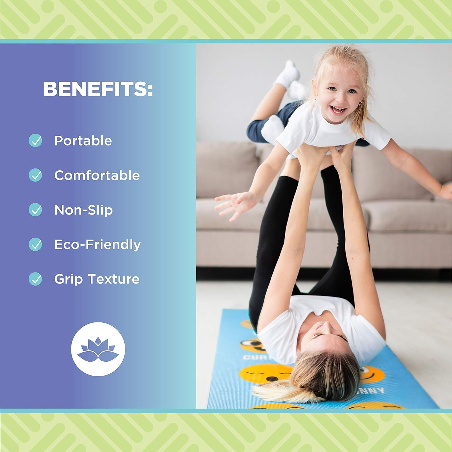 Sticky 60" x24" Yoga Mat - 3mm Thick Comfortable Workout Floor Mat for Kids - Foldable Yoga Mat for Yoga, Pilates, Gym and Stretching, Jelly Bean Panda