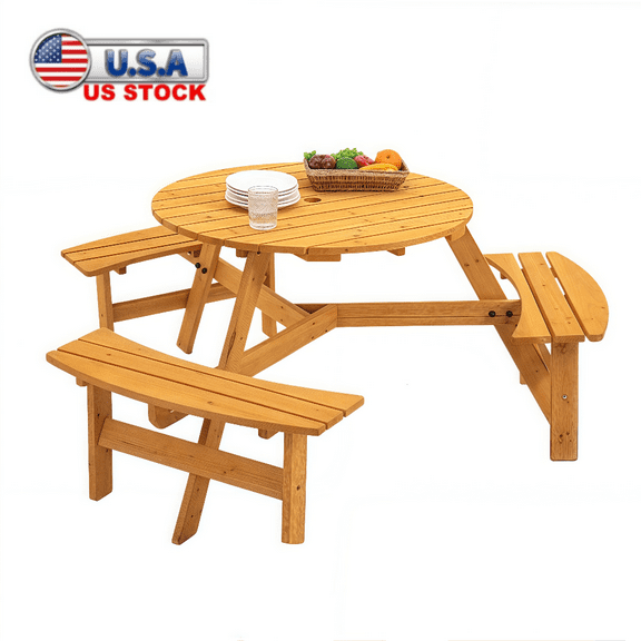 Tcbosik 6 Person Wood Picnic Table, Outdoor Round Table with Umbrella Hole and 3 Built-in Benches, Outside Table and Bench Set for Garden, Backyard, Porch, Patio, Natural