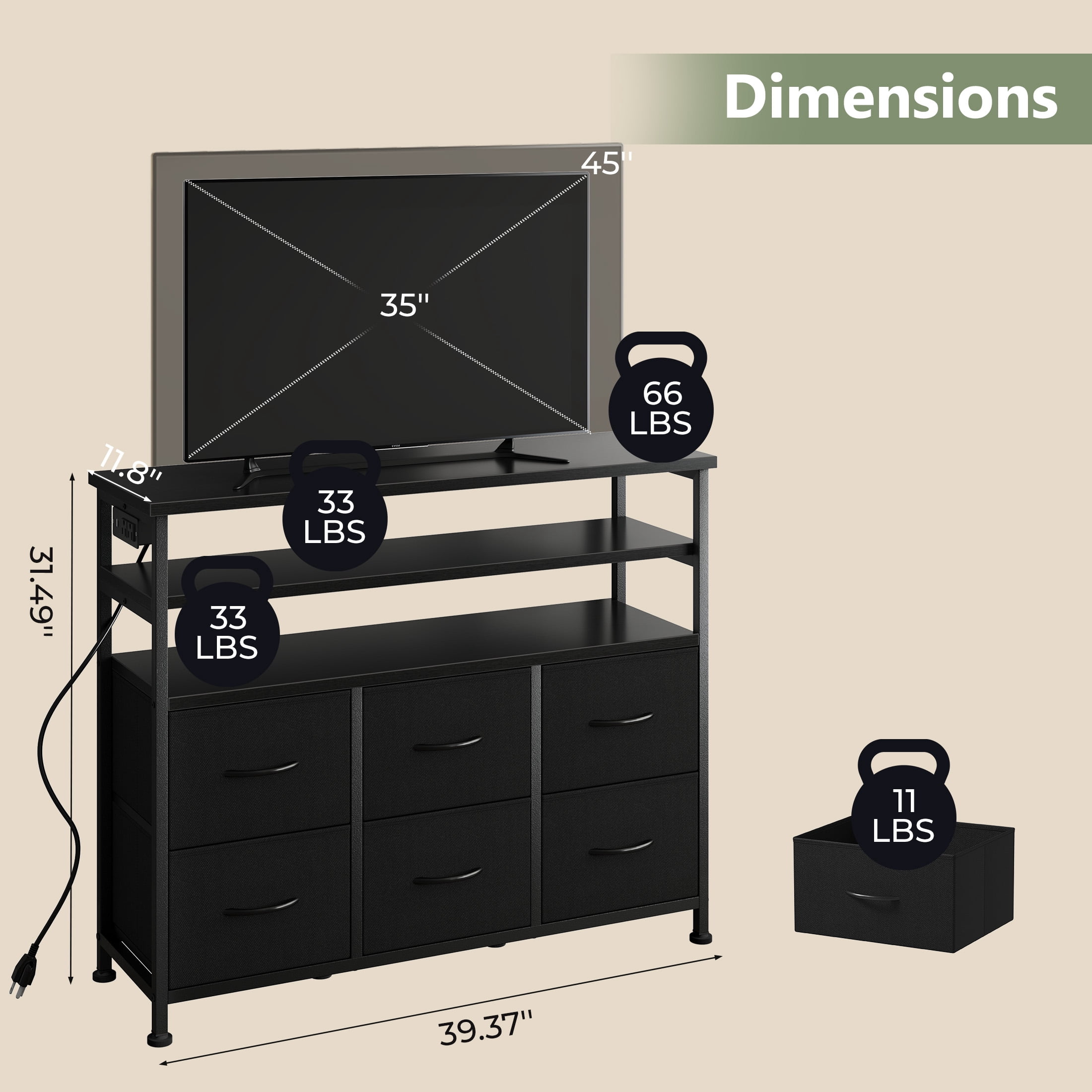 CONCETTA 45 inch TV Stand, 6-Drawer Fabric Dresser with LED Lights and Charging Station, Entertainment Center for Bedroom Living Room Hallway, Black